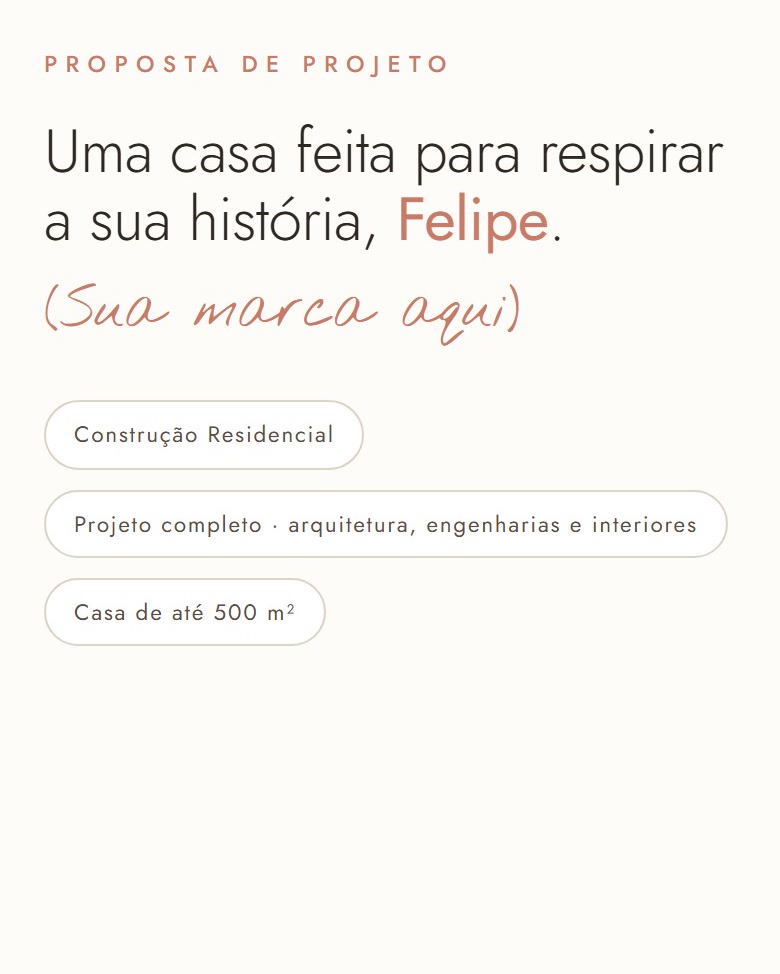 A capa da proposta, com a marca do escritório e o nome do cliente